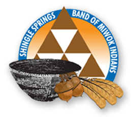 Official tribal logo of the Shingle Springs Band of Miwok Indians with a woven basket, acorns, feathers, and a triangle design in a circular badge.